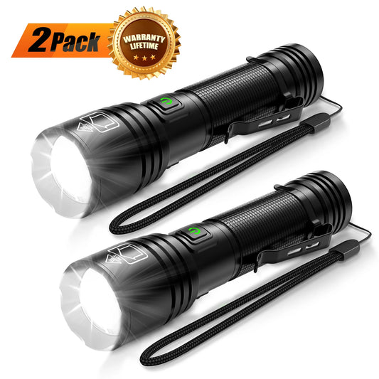 2-Pack 20,000 Lumens Ultra Bright Compact LED Flashlights, USB Rechargeable, Zoomable Mini Tactical Flashlights for Hiking, Camping, and Emergency Use with Included Battery