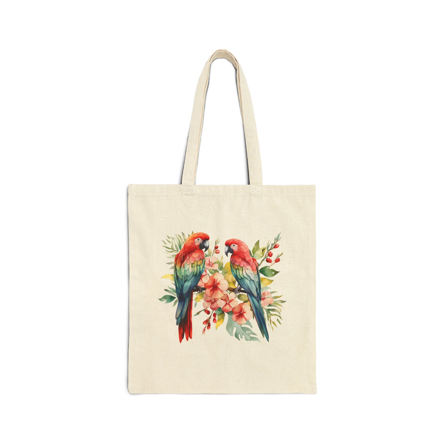 Tropical Birds Red and Blue - Cotton Canvas Tote Bag