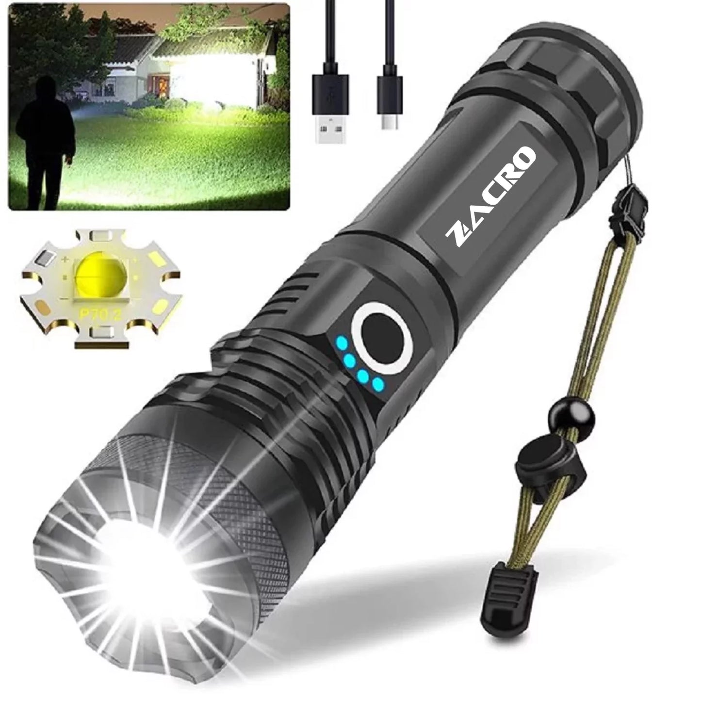 90,000 Lumens Rechargeable LED Tactical Flashlight - Super Bright, Zoomable Torch for Home, Camping & Emergency Use