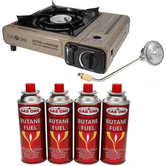 Dual Fuel Camp Stove and Butane Fuel (4-Piece Bundle)