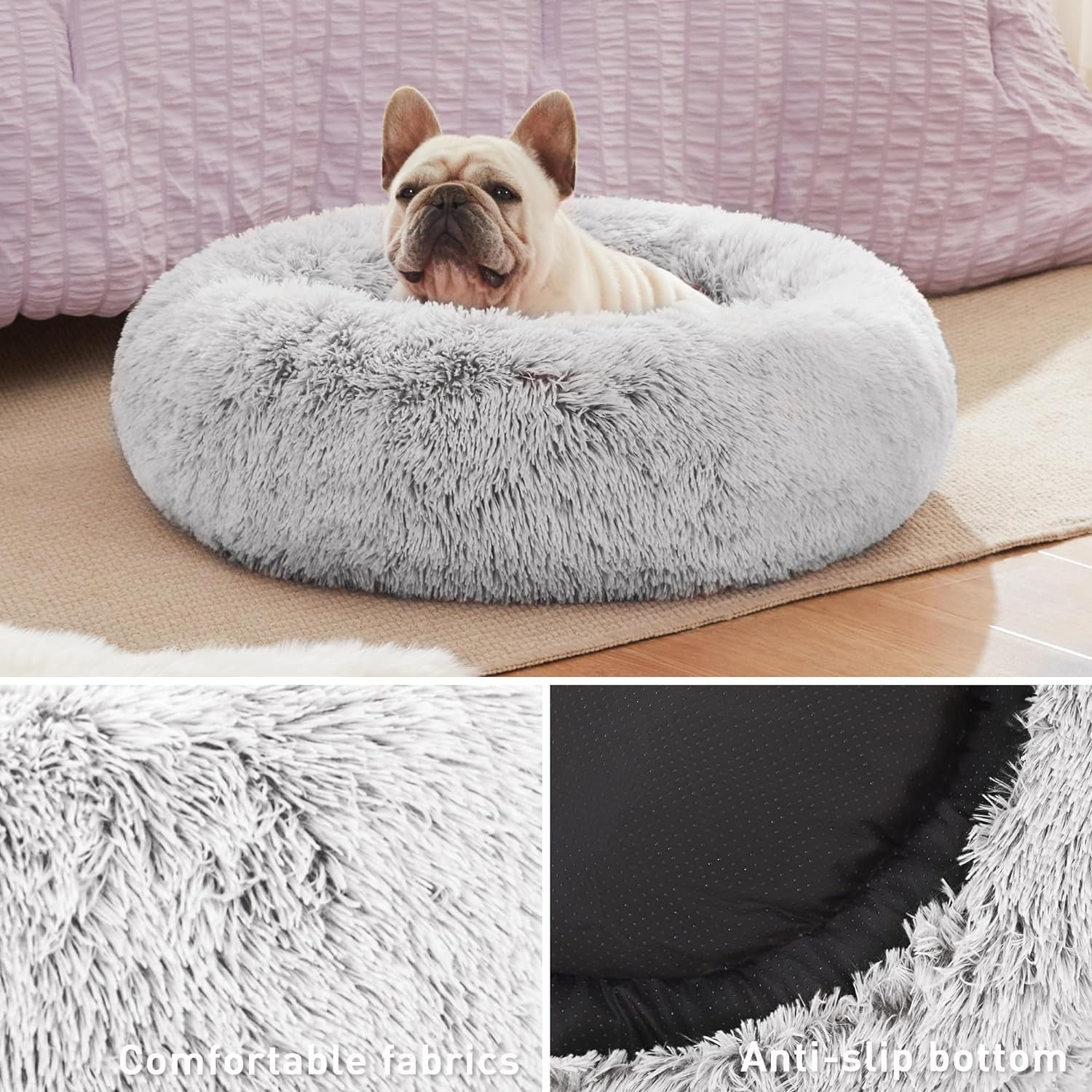 24In Cat Beds for Indoor Cats - Cat Bed with Machine Washable, Waterproof Bottom - Grey Fluffy Dog and Cat Calming Cushion Bed for Joint-Relief and Sleep Improvement