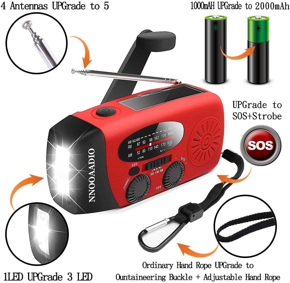 2000mAh SOS Alarm Emergency Weather Radio - 3 LED Type-C Hand Crank Solar Radio with Flashlight, NOAA AM/FM, Cell Phone Charger 