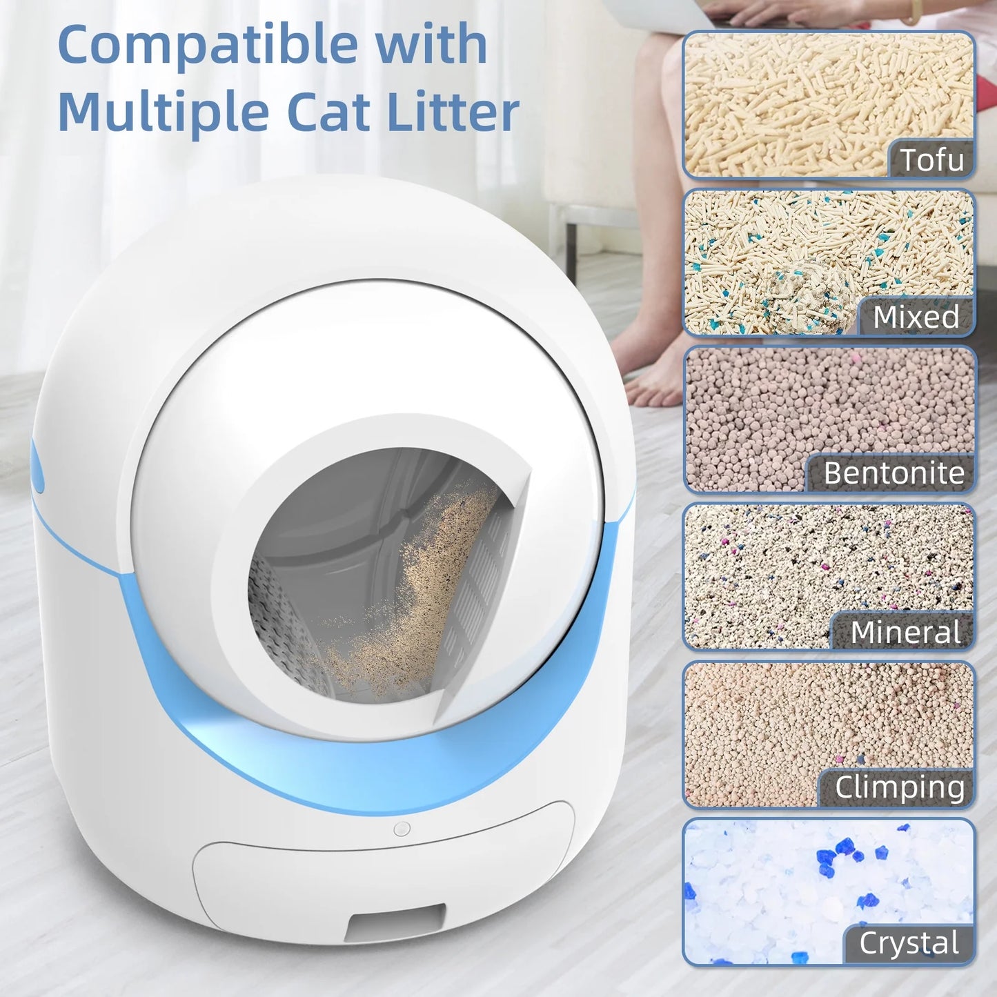 Automatic Self Cleaning Cat Litter Box with App Control Support Wifi, Intelligent Radar Smart Auto Litter Box with Liner, Blue