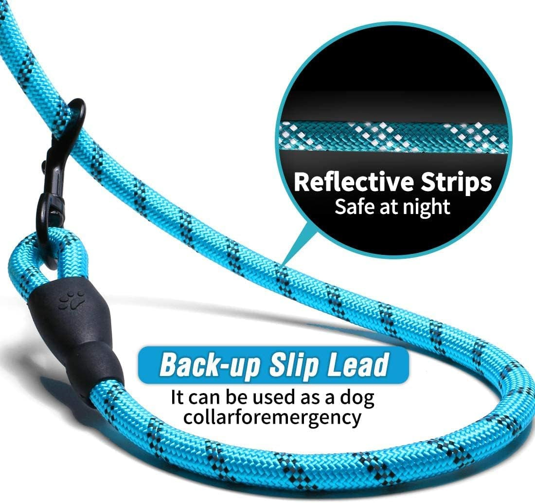 Dog Leash 10FT Thick Durable Nylon Dog Rope - Comfortable Padded Handle Reflective Rope Dog Leash for Medium Large Dogs with Collapsible Pet Bowl and Garbage Bags (Reflective10 FT -Blue)