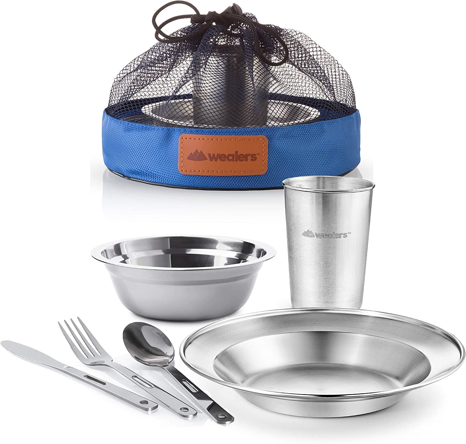 Unique Complete Messware Kit Polished Stainless Steel Dishes Set| Tableware| Dinnerware| Camping| Includes - Cups | Plates| Bowls| Cutlery| Comes in Mesh Bags