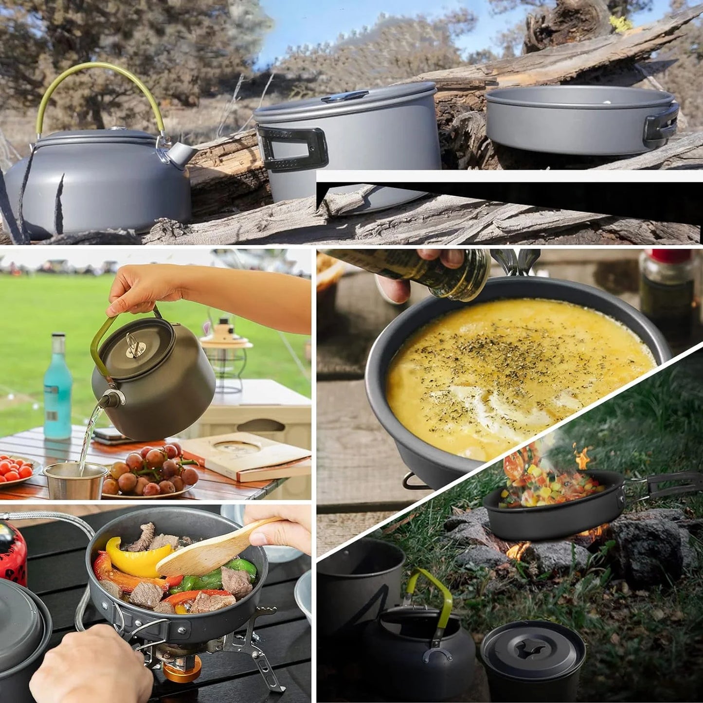 10-Piece Camping Cookware Mess Kit with Pots, Pans, and Kettle 