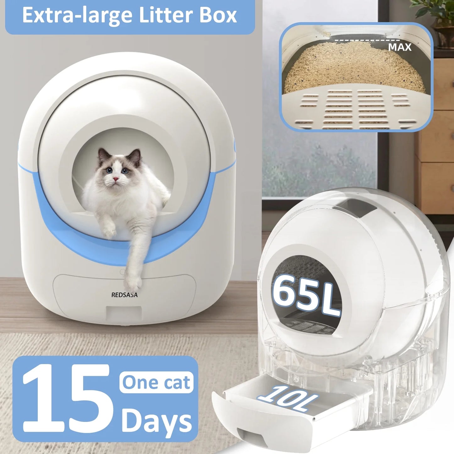 Automatic Self Cleaning Cat Litter Box with App Control Support Wifi, Intelligent Radar Smart Auto Litter Box with Liner, Blue