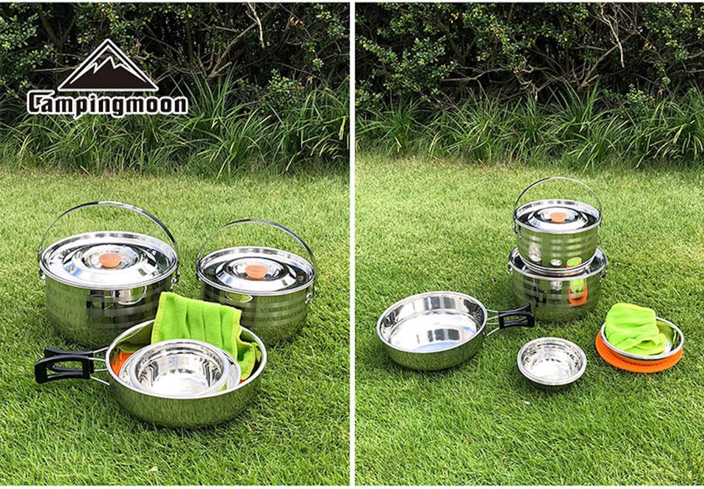 CAMPINGMOON Stainless Steel Nesting Mess Kit Cookware Set – Outdoor Camping Pots and Pans with Storage Carrying Bag