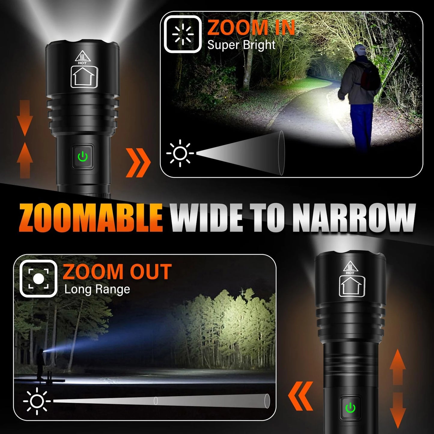 2-Pack 20,000 Lumens Ultra Bright Compact LED Flashlights, USB Rechargeable, Zoomable Mini Tactical Flashlights for Hiking, Camping, and Emergency Use with Included Battery