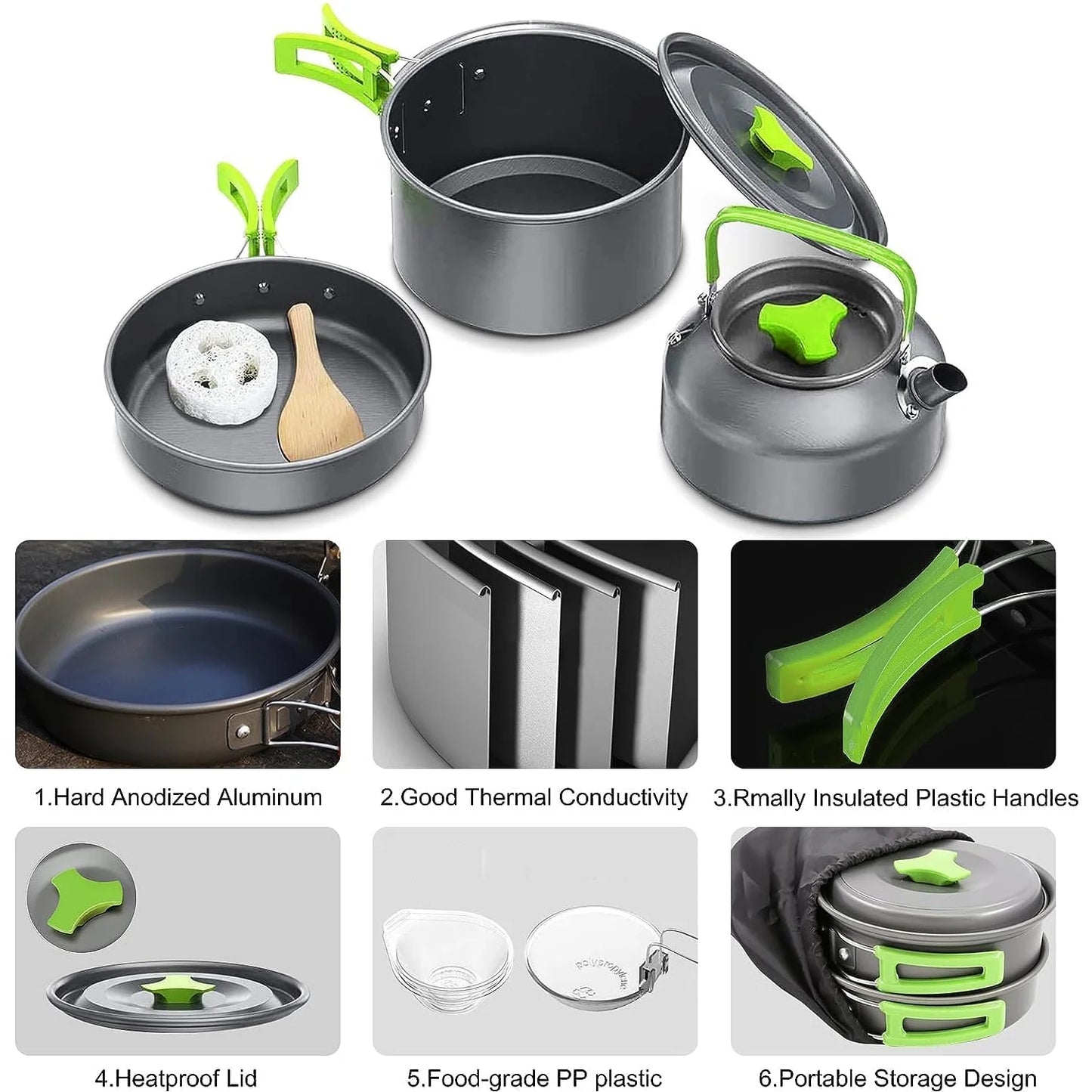 10-Piece Camping Cookware Mess Kit with Pots, Pans, and Kettle 