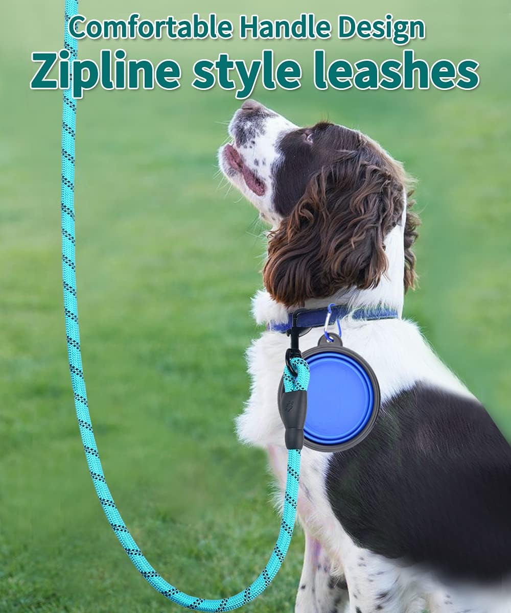 Dog Leash 10FT Thick Durable Nylon Dog Rope - Comfortable Padded Handle Reflective Rope Dog Leash for Medium Large Dogs with Collapsible Pet Bowl and Garbage Bags (Reflective10 FT -Blue)