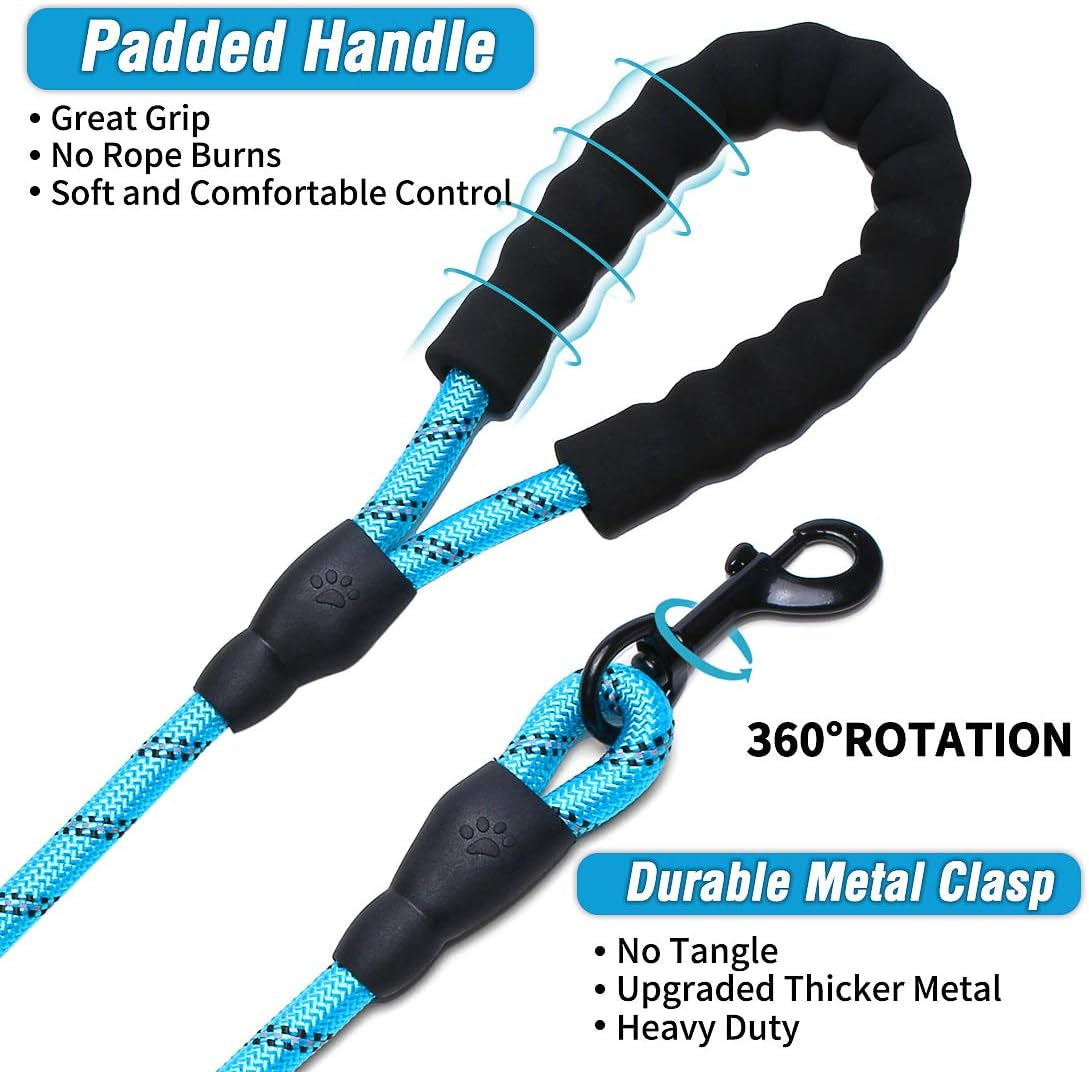 Dog Leash 10FT Thick Durable Nylon Dog Rope - Comfortable Padded Handle Reflective Rope Dog Leash for Medium Large Dogs with Collapsible Pet Bowl and Garbage Bags (Reflective10 FT -Blue)