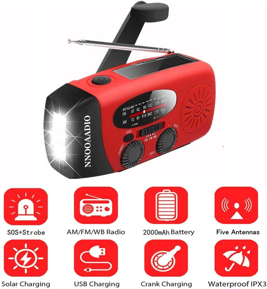 2000mAh SOS Alarm Emergency Weather Radio - 3 LED Type-C Hand Crank Solar Radio with Flashlight, NOAA AM/FM, Cell Phone Charger 