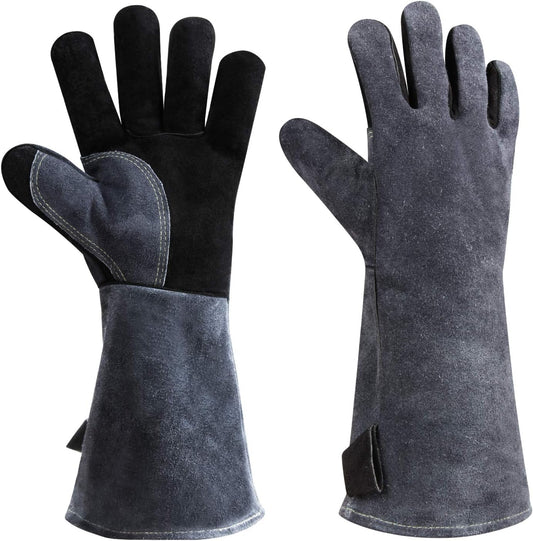 932°F Heat Resistant Gloves 16 Inches Cowhide Leather - Long Sleeve and Insulated Lining BBQ Glove Grill/Barbecue/Green Egg/Stove Black-Gray