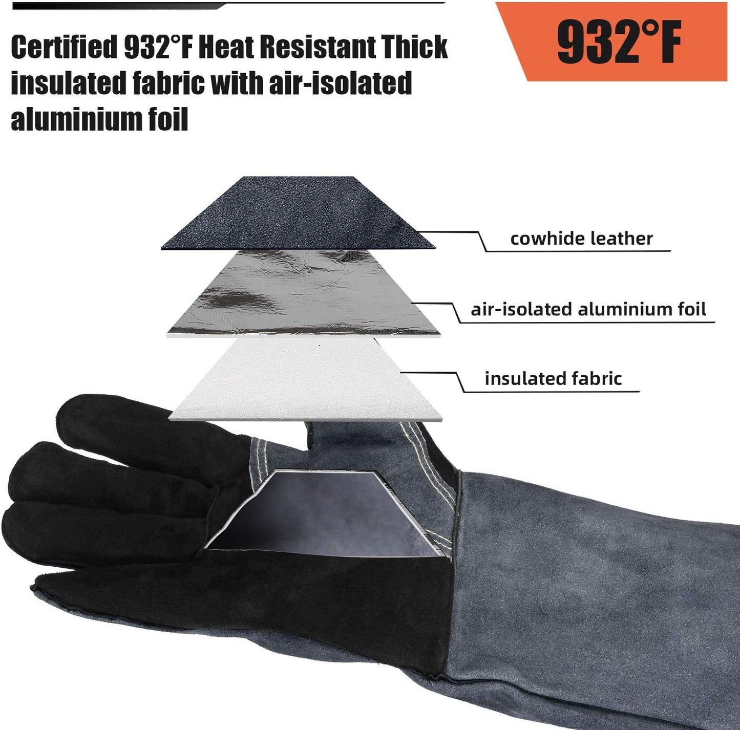 932°F Heat Resistant Gloves 16 Inches Cowhide Leather - Long Sleeve and Insulated Lining BBQ Glove Grill/Barbecue/Green Egg/Stove Black-Gray