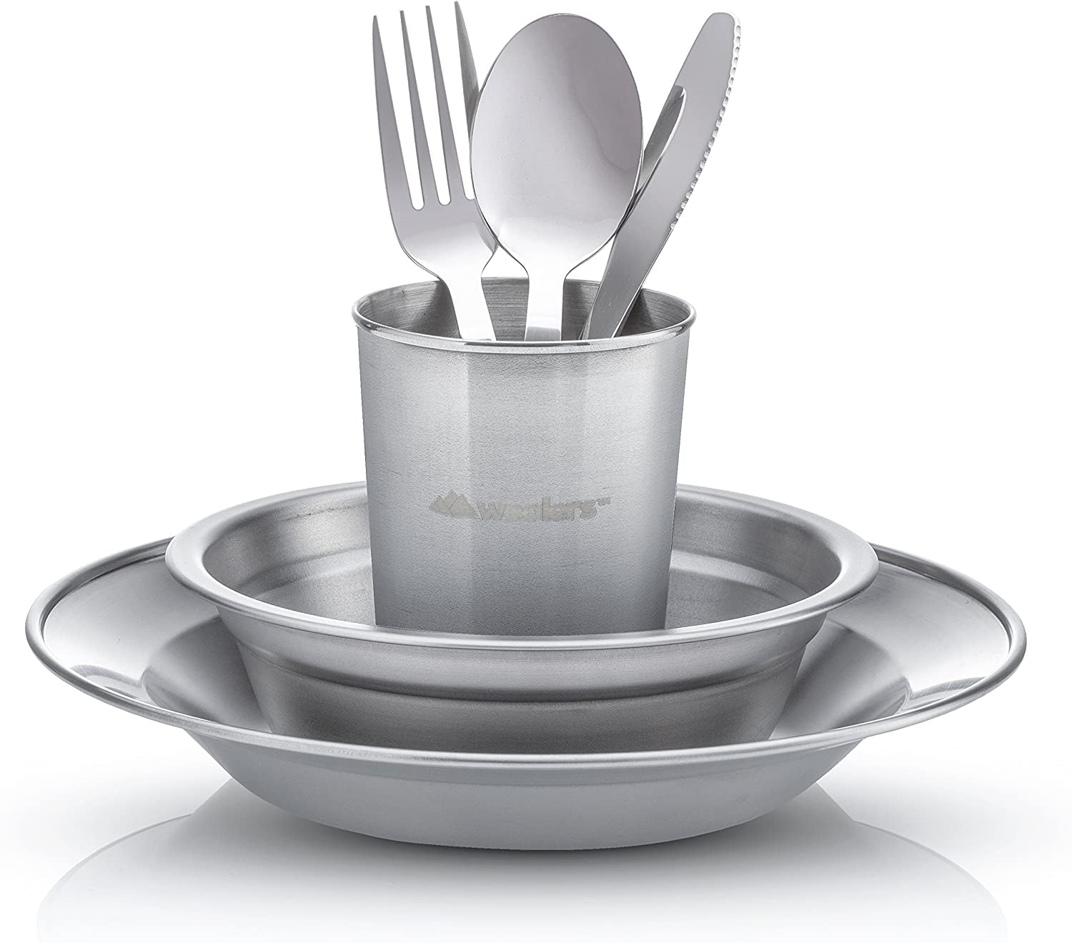 Unique Complete Messware Kit Polished Stainless Steel Dishes Set| Tableware| Dinnerware| Camping| Includes - Cups | Plates| Bowls| Cutlery| Comes in Mesh Bags