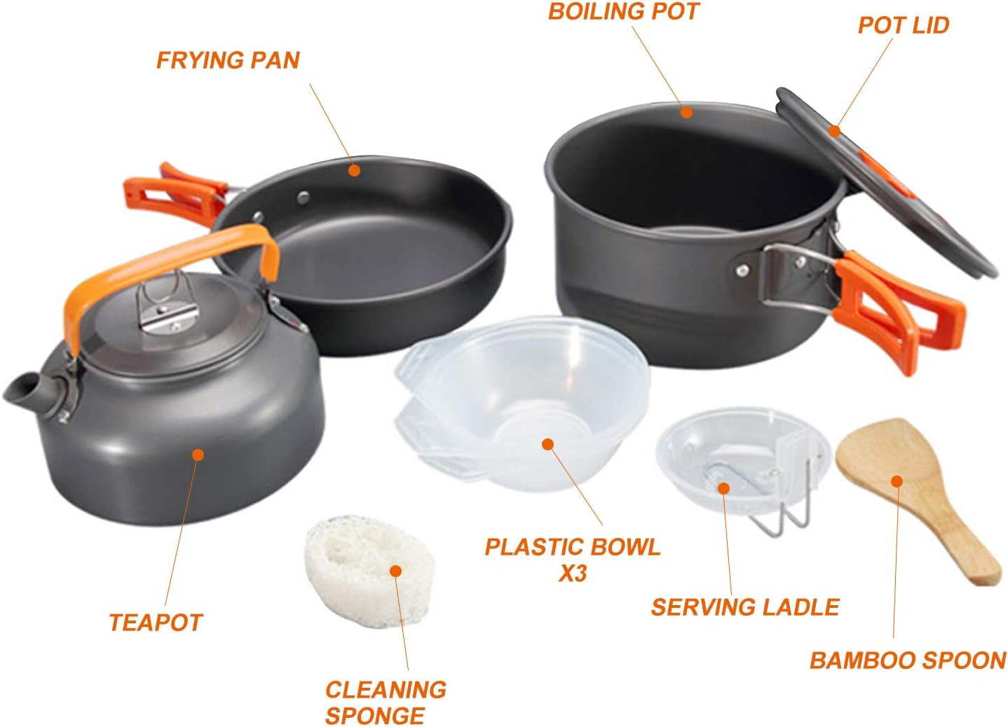 Portable Camping Cookware Mess Kit - Pot, Pan, and Kettle Outdoor Cooking Set for Hiking and Camping