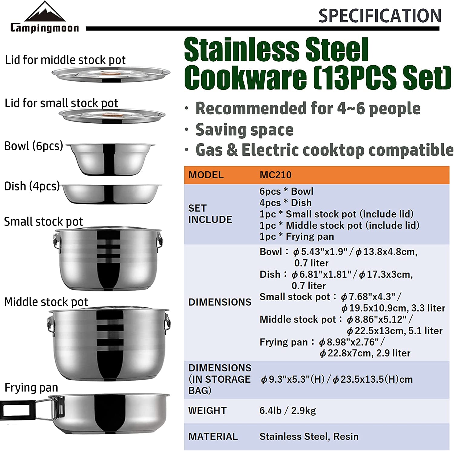 CAMPINGMOON Stainless Steel Nesting Mess Kit Cookware Set – Outdoor Camping Pots and Pans with Storage Carrying Bag