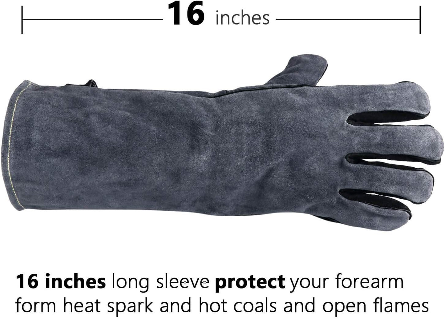 932°F Heat Resistant Gloves 16 Inches Cowhide Leather - Long Sleeve and Insulated Lining BBQ Glove Grill/Barbecue/Green Egg/Stove Black-Gray