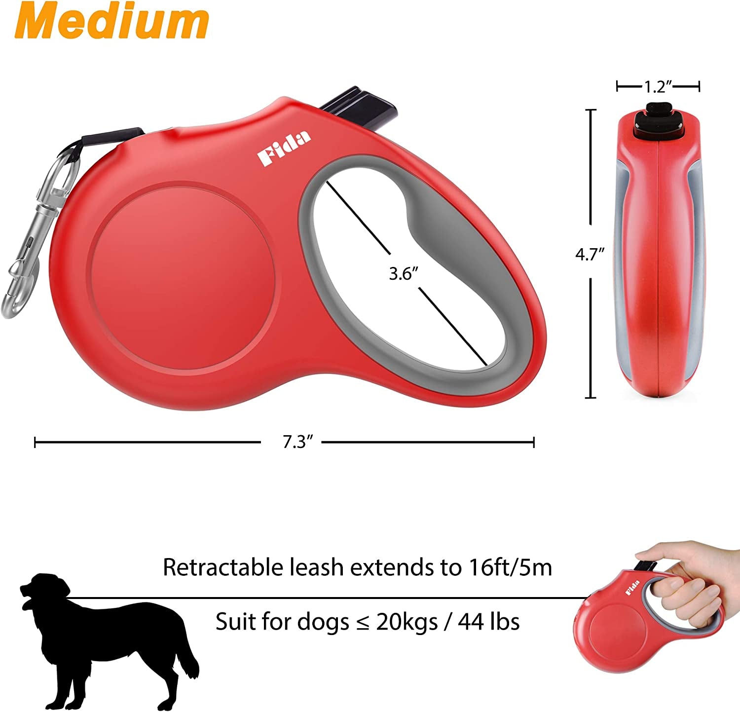 Retractable Dog Leash with Dispenser and Poop Bags, 16 Ft Pet Walking Leash for Medium Dog or Cat up to 44 Lbs, Anti-Slip Handle, Tangle Free, Reflective Nylon Tape (Red)