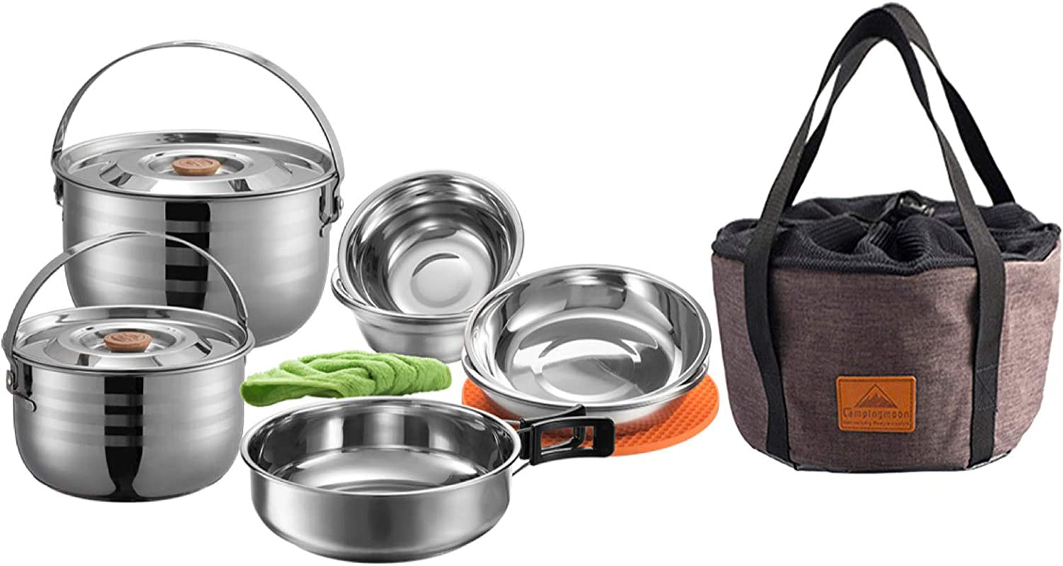 CAMPINGMOON Stainless Steel Nesting Mess Kit Cookware Set – Outdoor Camping Pots and Pans with Storage Carrying Bag