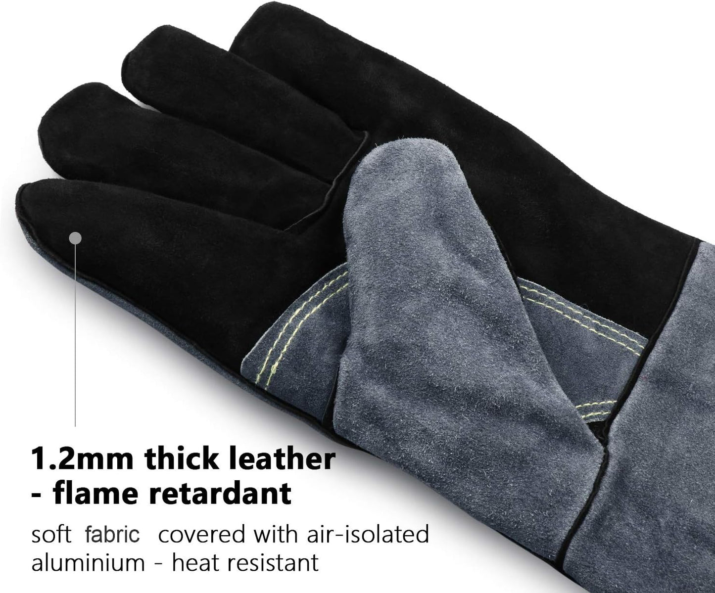 932°F Heat Resistant Gloves 16 Inches Cowhide Leather - Long Sleeve and Insulated Lining BBQ Glove Grill/Barbecue/Green Egg/Stove Black-Gray