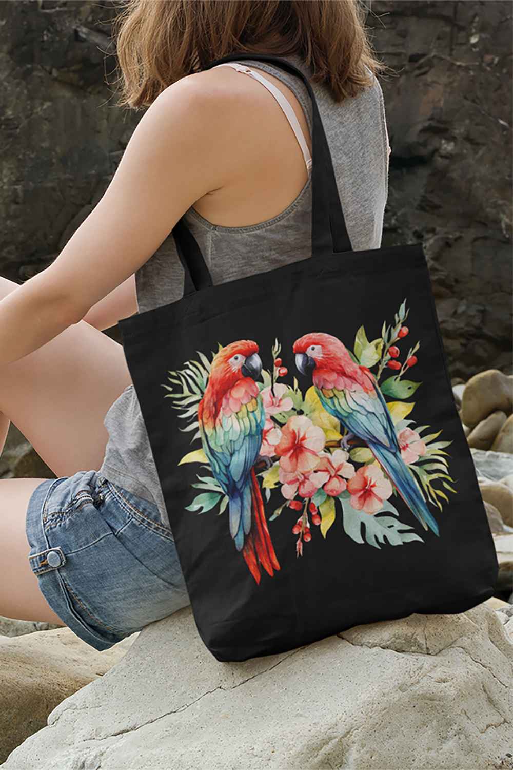 Tropical Birds Red and Blue - Woven Tote Bag