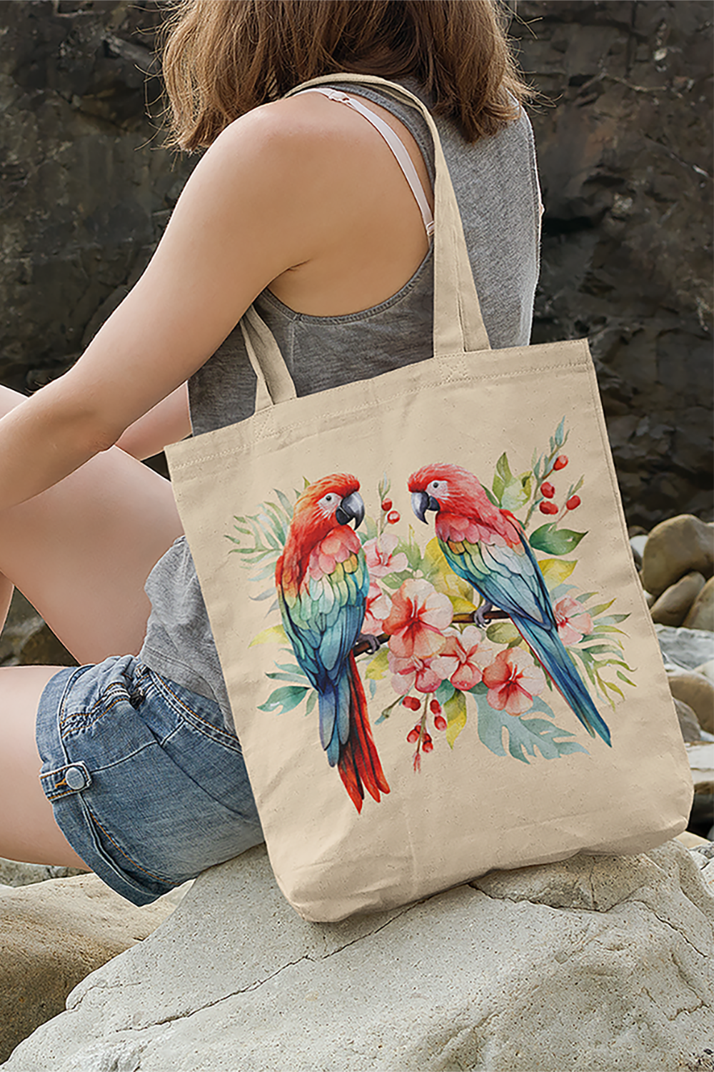 Tropical Birds Red and Blue - Woven Tote Bag