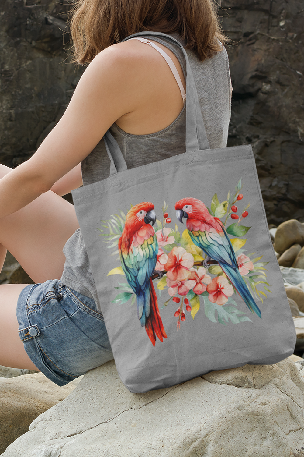 Tropical Birds Red and Blue - Woven Tote Bag