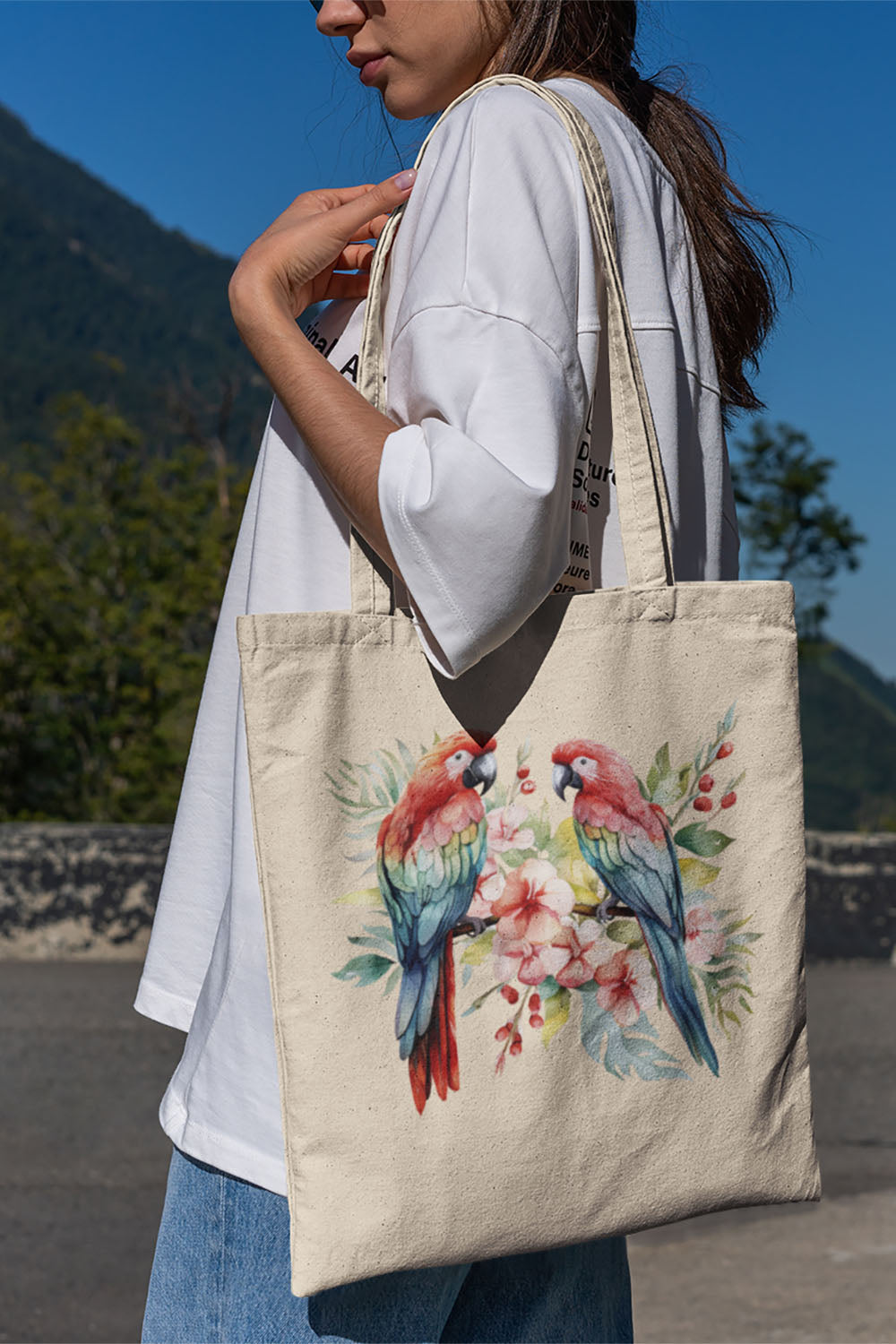 Tropical Birds Red and Blue - Cotton Canvas Tote Bag