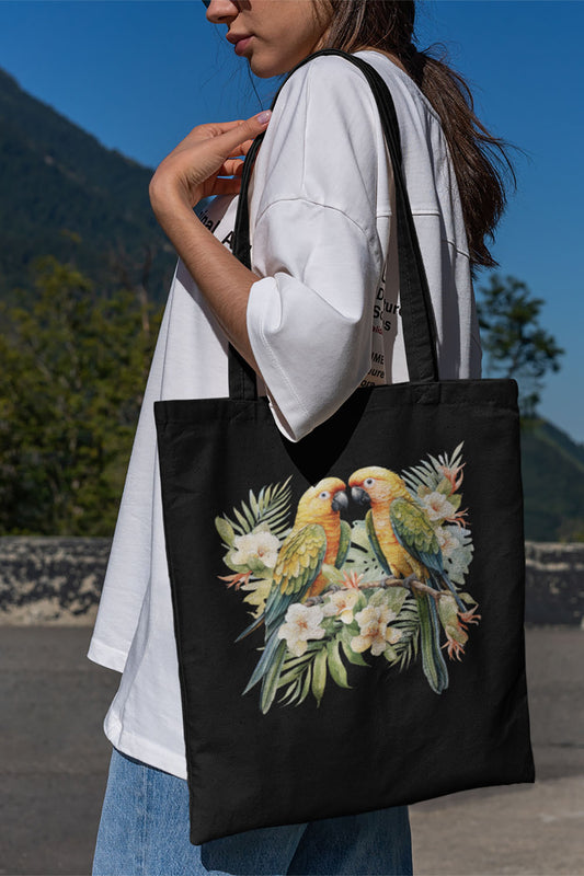 Tropical Birds Yellow - Cotton Canvas Tote Bag